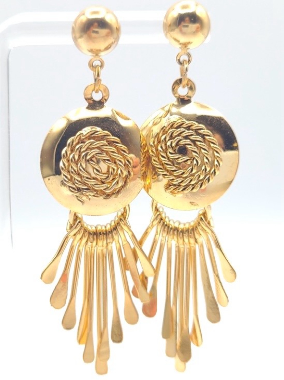 Gold Tone Tassel Dangle Earrings Textured Disc Boho Statement